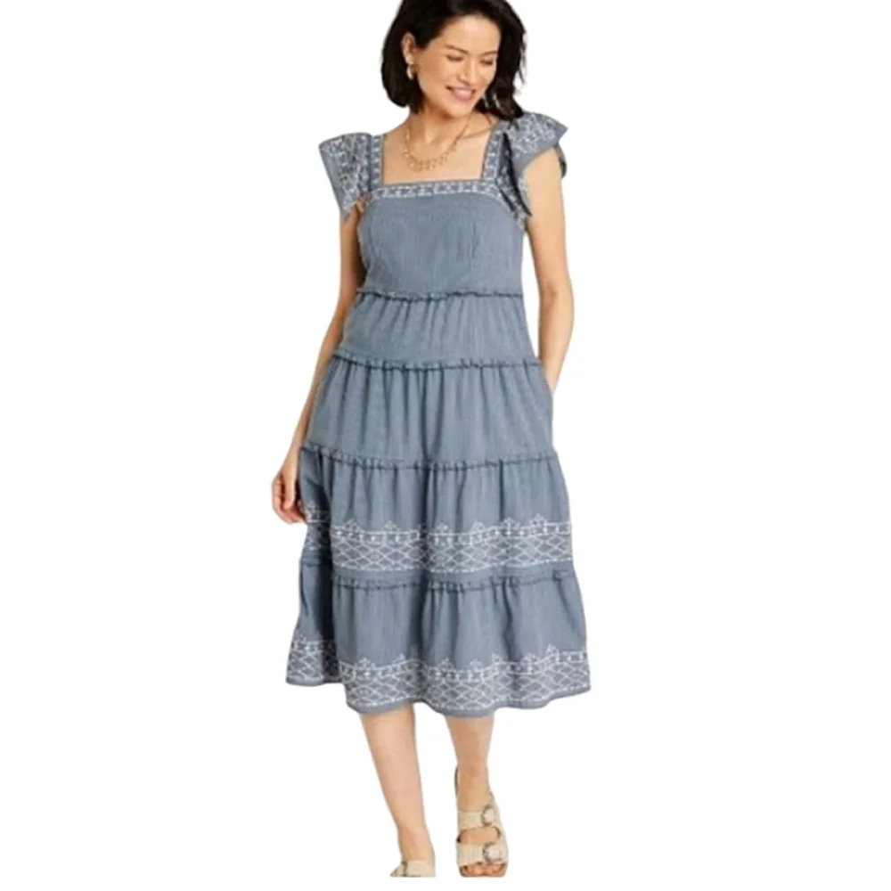 Knox Rose Blue Embroidered Tiered Midi Dress Flutter Sleeves & Pockets Small